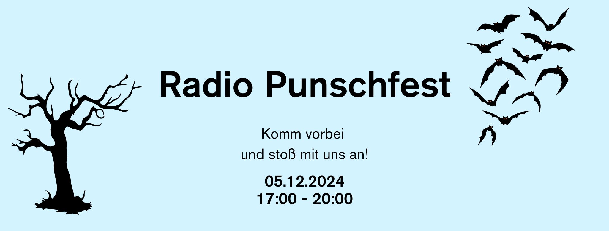 Einladung zum Punschfest am 5.12., 17:00-20:00, mit der Grafik eines Baumes und Vögel