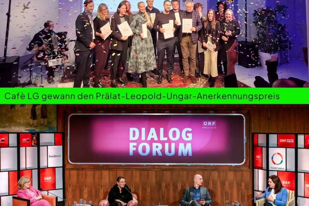 ein Gruppenfoto der Gewinner:innen des Prälat-Unger Preises mit Confetti in der Lust und eines mit Ulli Weish am Podium des ORF Dialogforums